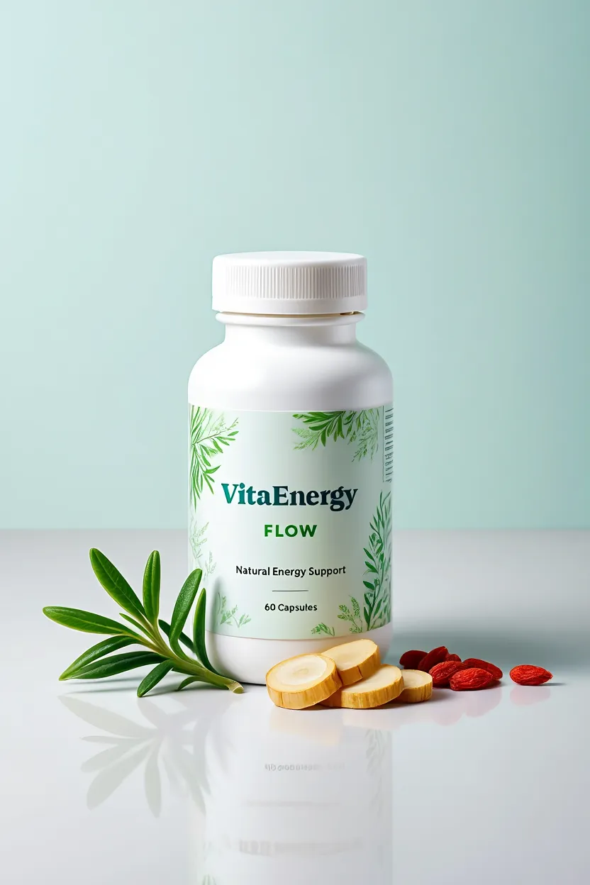 VitaEnergy Flow supplement bottle with natural ingredients